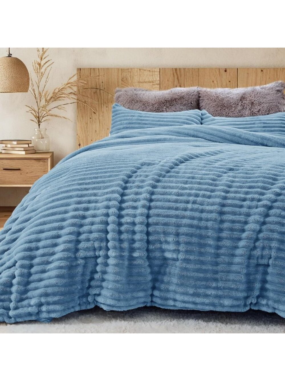 Cozy Fluffy Queen Comforter Set, 3-Piece Soft Fleece Bedding in Greyish Blue